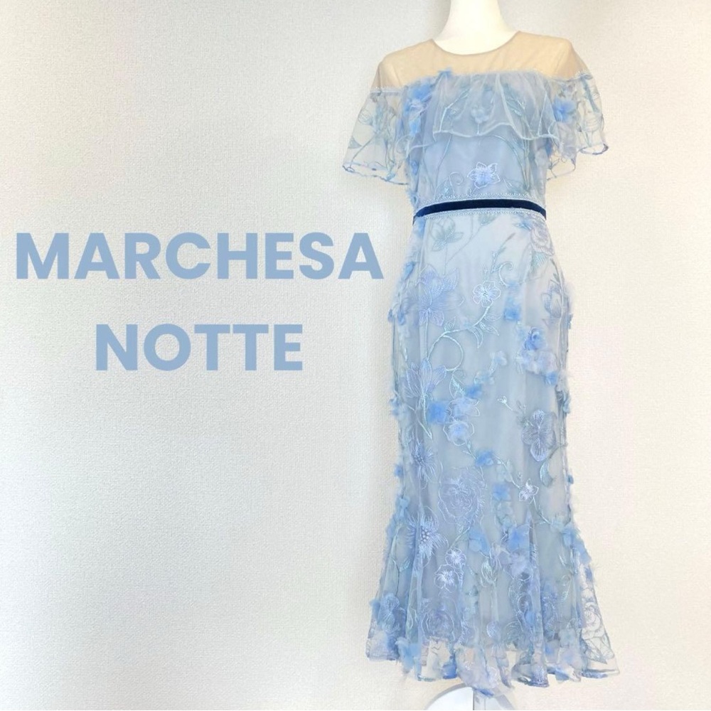 Marchesa Notte light blue floral embroidered gown Maxi dress Party Wedding Sz 16